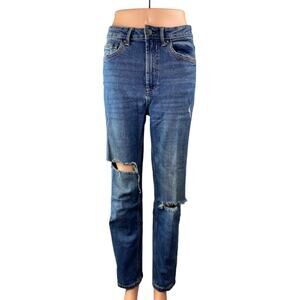 Stradivarius Womens Blue Distressed Slim Fit Straight Leg Mom Denim Jeans Size 6